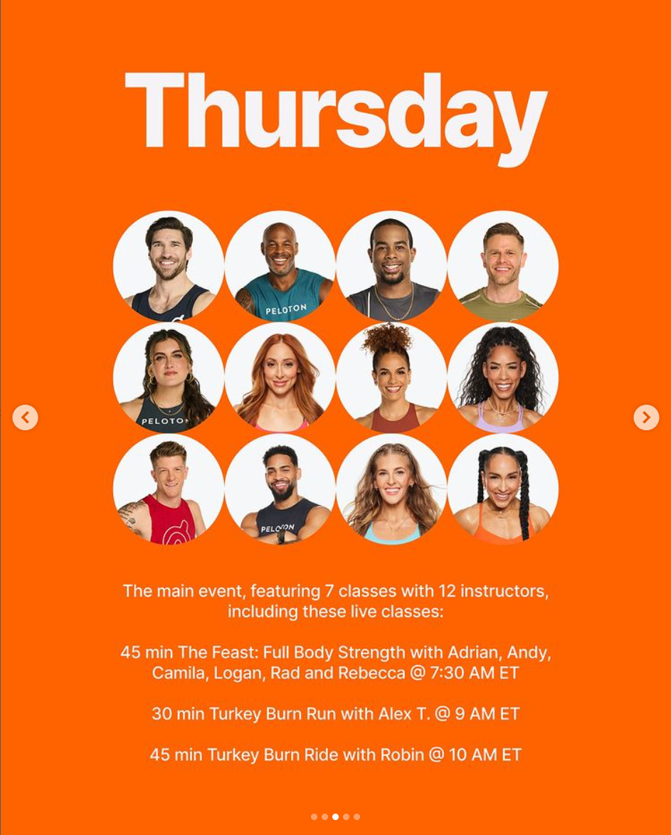 Thanksgiving Day will feature 3 live and 4 on-demand classes across 12 instructors. Image credit Peloton social media.
