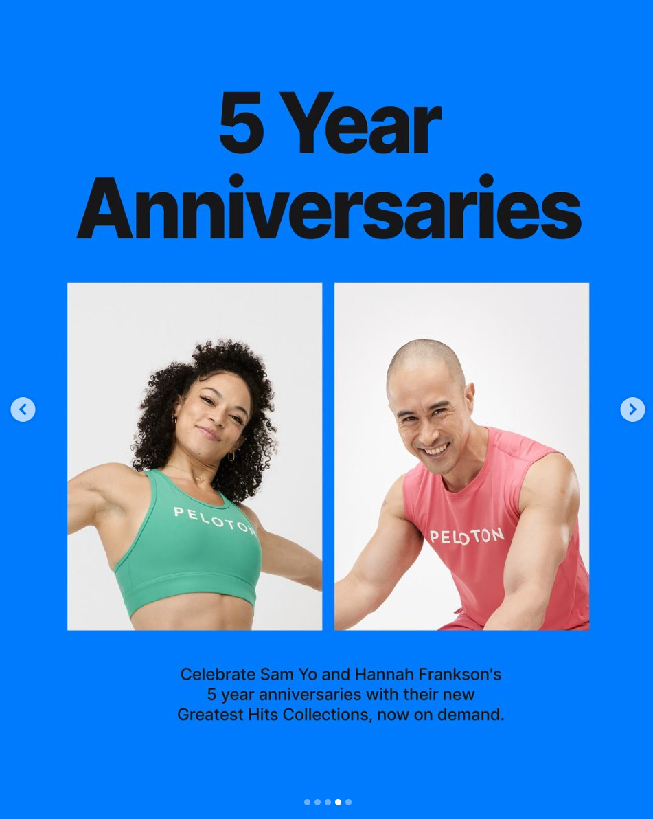 New class collection are available to celebrate 5 year anniversary for Peloton instructors Hannah Frankson and Sam Yo. Image credit Peloton social media.