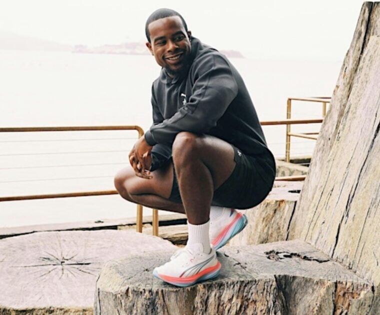 Alex Toussaint wearing his new running shoes. Image credit PUMA.