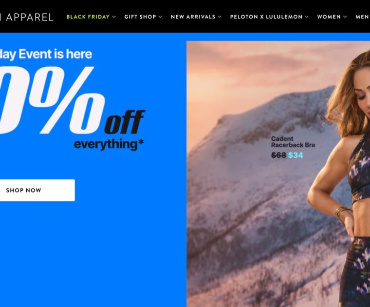 Peloton Apparel website displaying 2024 Black Friday info.