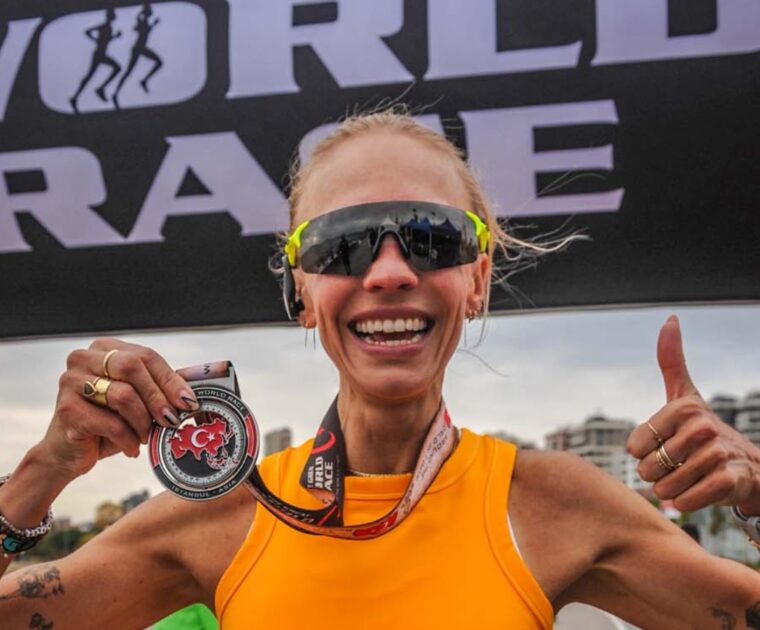Becs Gentry running the Istanbul Asia marathon of The Great World Race. Image credit The Great World Race.