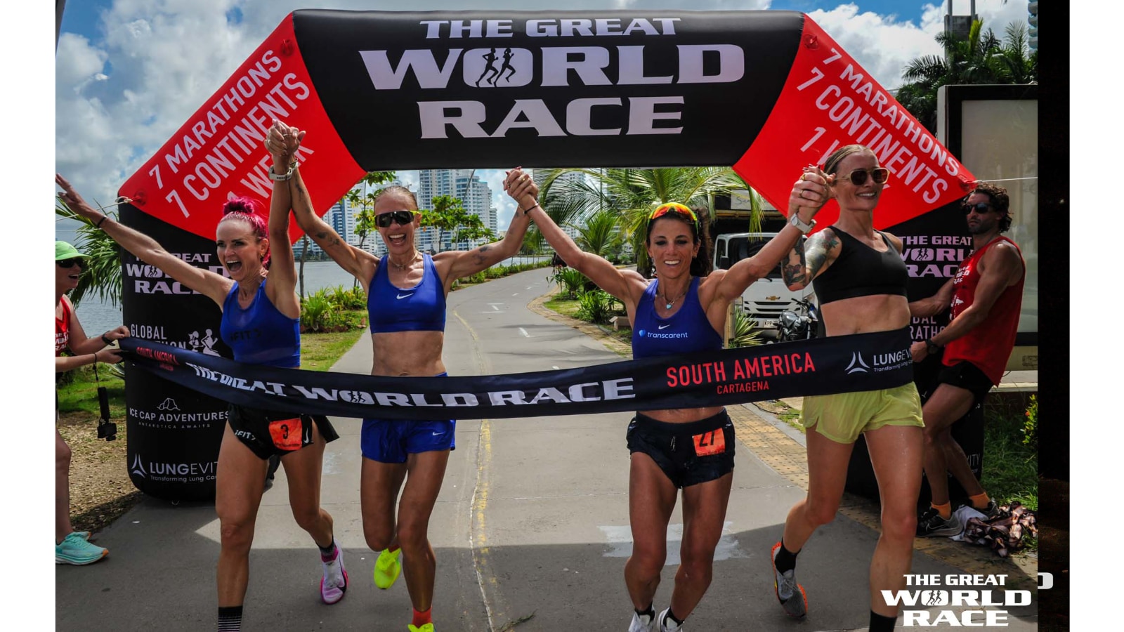Becs Gentry running the South America marathon of The Great World Race. Image credit The Great World Race.