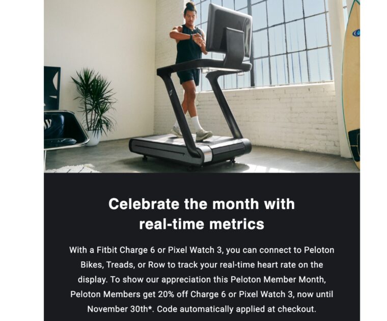 Peloton Member Month email containing information about Google discounts.