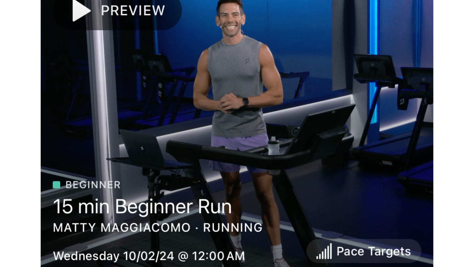 Expanded pace targets icon on running class on Peloton digital app.