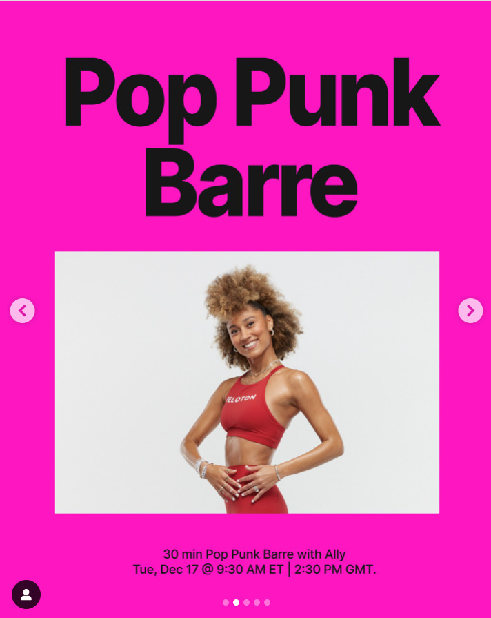 This week Ally Love will teach Pop Punk Barre. Image credit Peloton social media.
