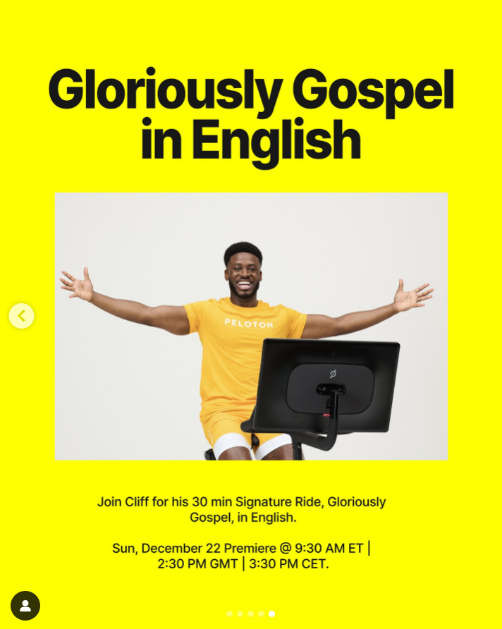 This week Cliff Dwenger will premiere a Gloriously Gospel Ride in English. Image credit Peloton social media.