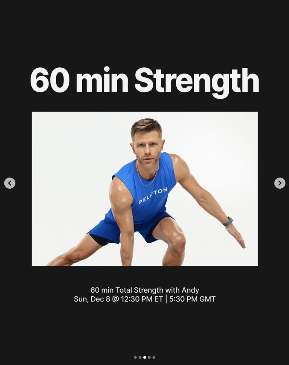 This week, Andy will teach a 60 minute Total Strength on December 8. Image credit Peloton social media.