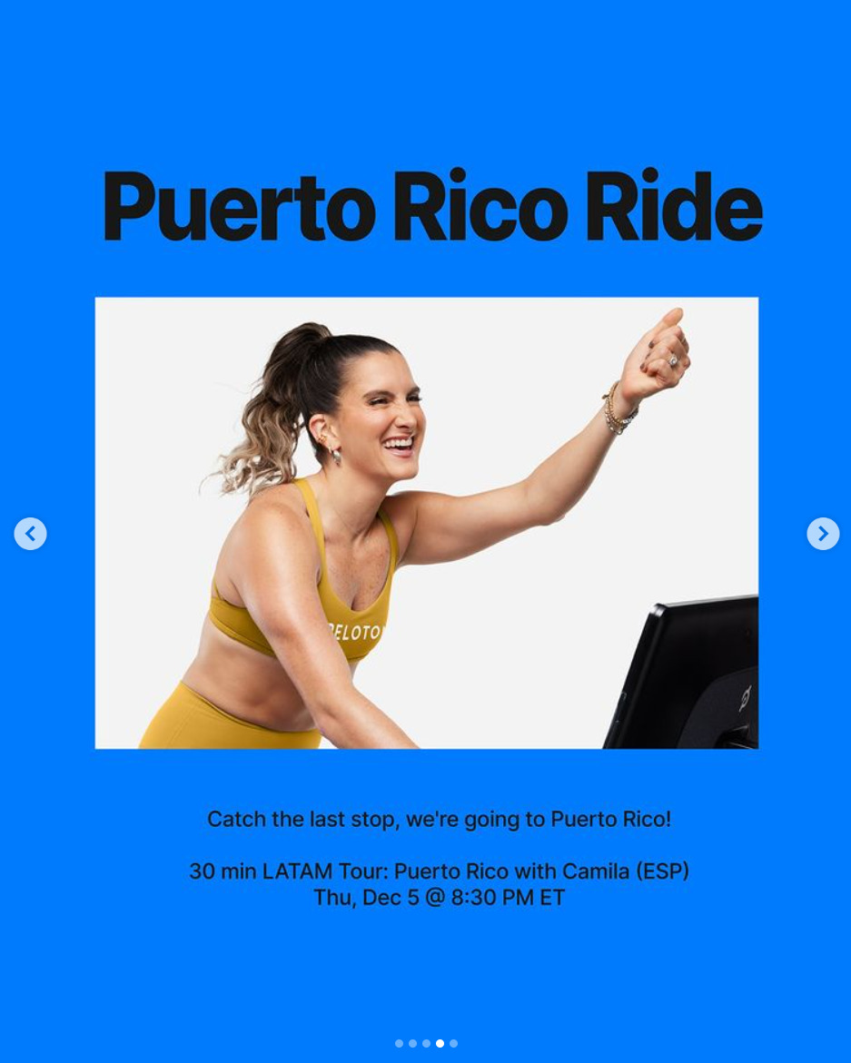 This week, Camila will teach final ride in LATAM Tour series, Puerto Rico Ride on December 5. Image credit Peloton social media.