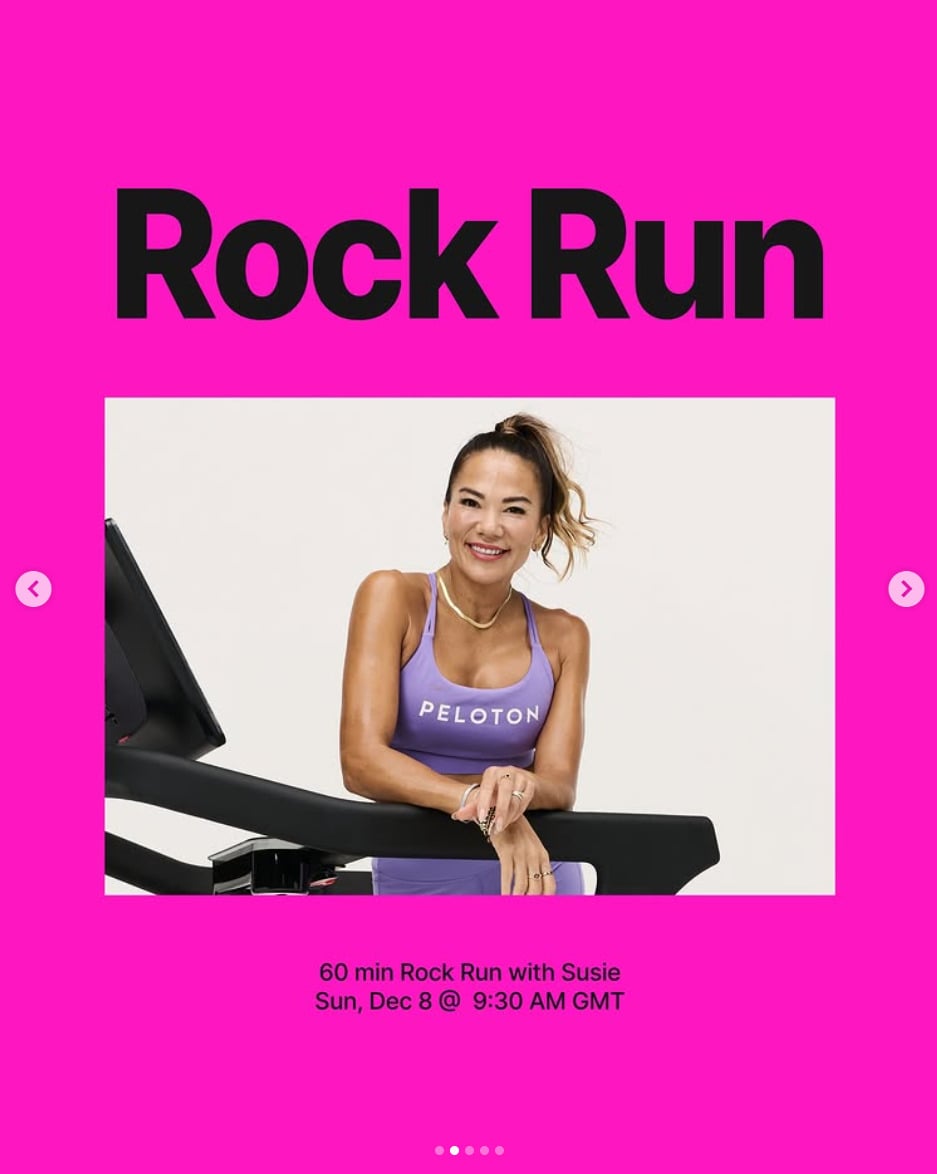 This week, Susie will teach a 60 minute Rock Run on December 8. Image credit Peloton social media.
