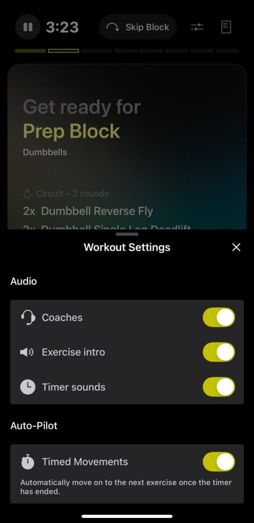 Adjusting audio cues in Peloton Strength+ app.