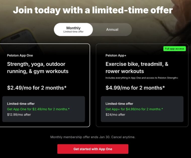 Peloton app tier pricing on website showing discount offer.