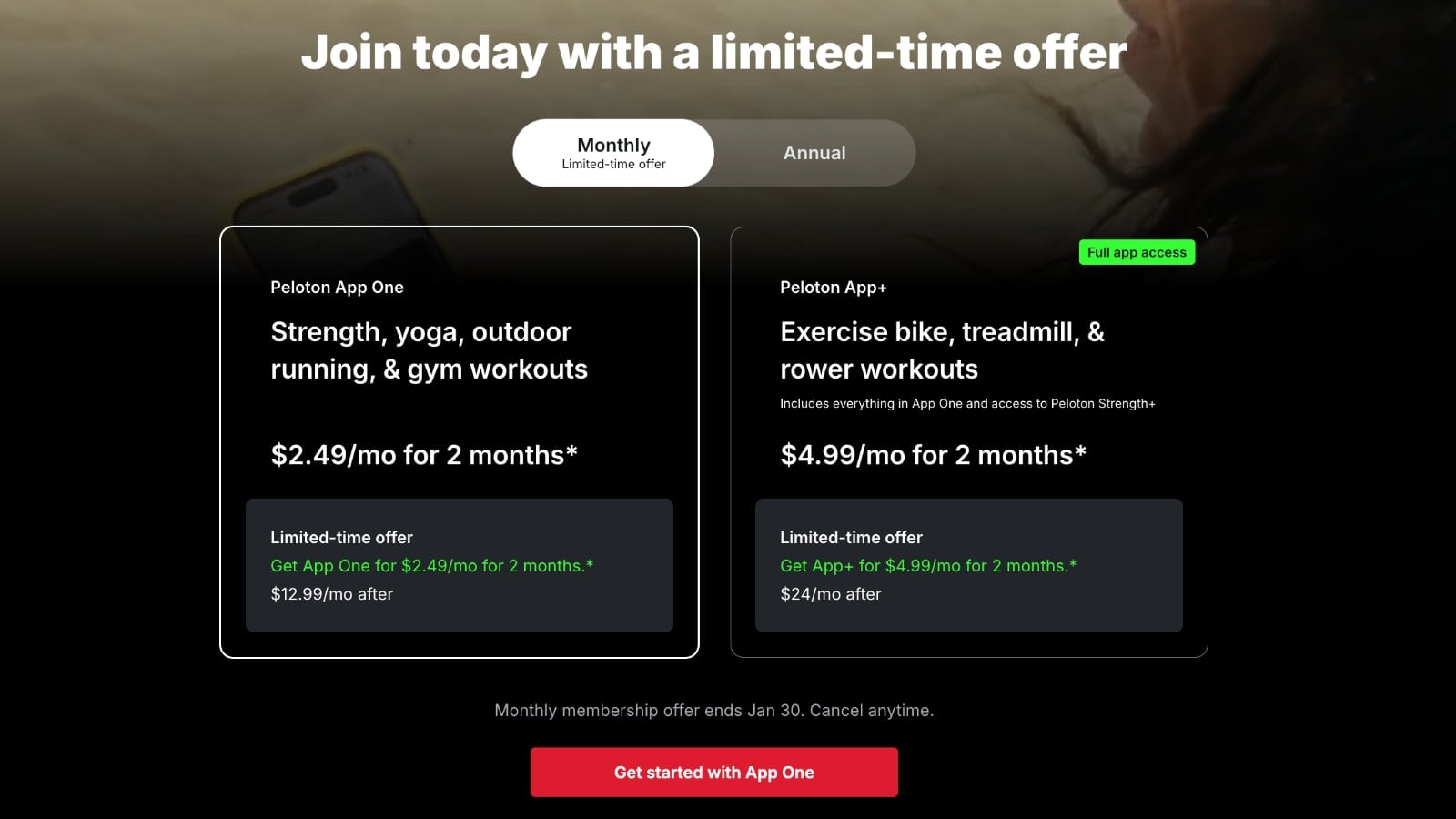 Peloton app tier pricing on website showing discount offer.