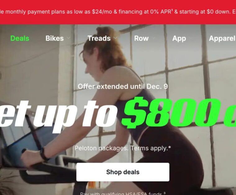 Peloton homepage advertising Black Friday sale extension.