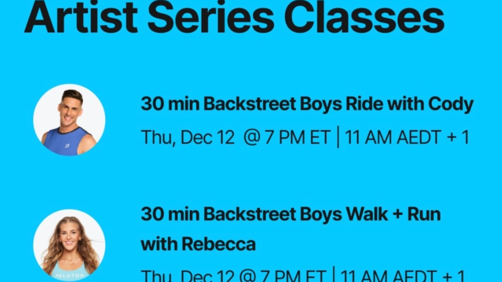 Peloton Backstreet Boys class list. Image credit Peloton social media.
