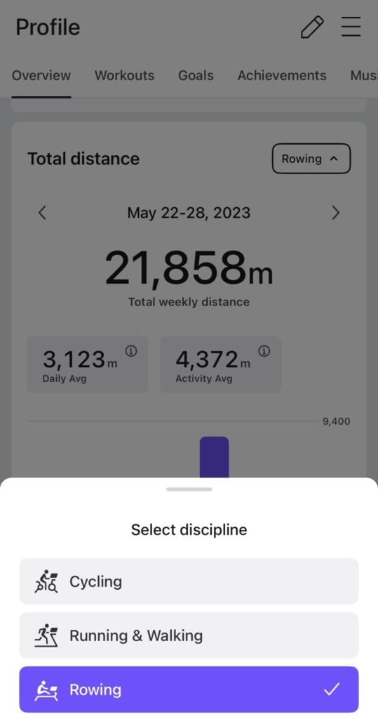 Dropdown to pick different modalities in the Total Distance feature of the Peloton App.
