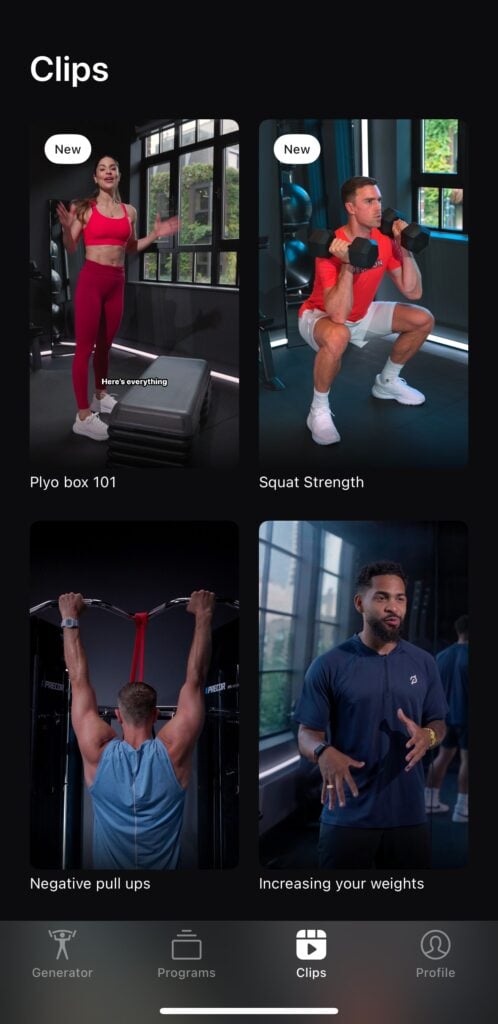 The "clips" section of the Peloton Strength+ app.