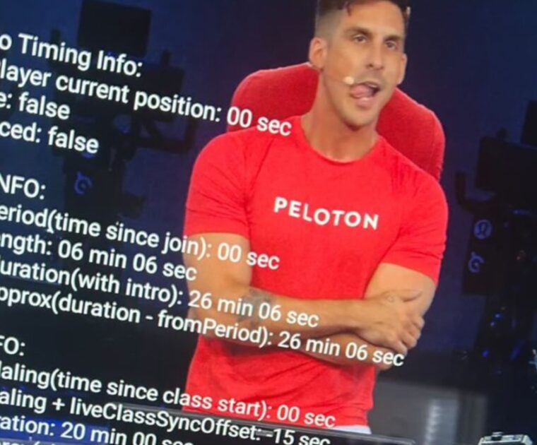 Debug information showing in a Peloton class. Image credit #NellyonaPelly