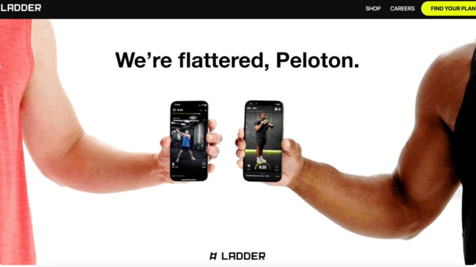 Ladder's new webpage showing Ladder app and Peloton Strength+ app side by side.