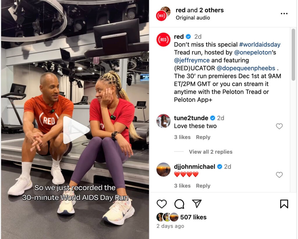 (RED)'s Instagram post promoting Peloton's 2024 World AIDS Day Run.
