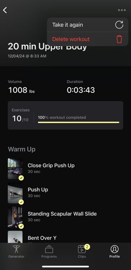 Option to take a workout again from your history in Peloton Strength+ app.