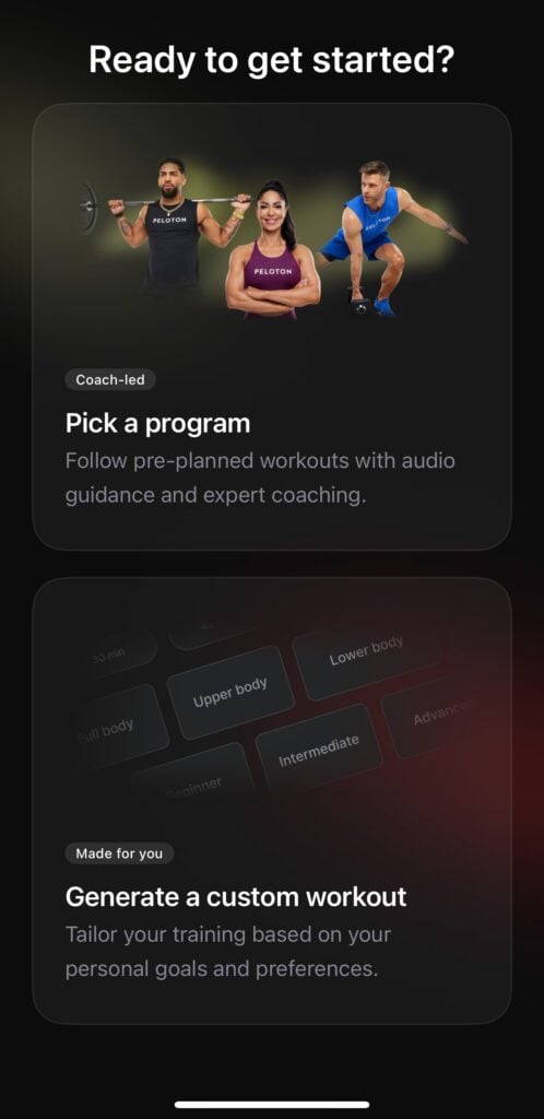 Picking between custom workouts and instructor programs in Peloton Strength+ app