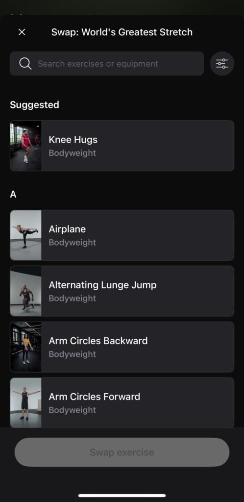 Swapping a movement in Peloton Strength+ app.