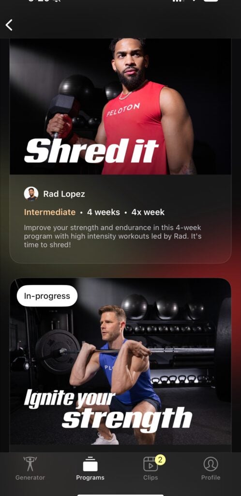 Browsing programs in Peloton Strength+ app.