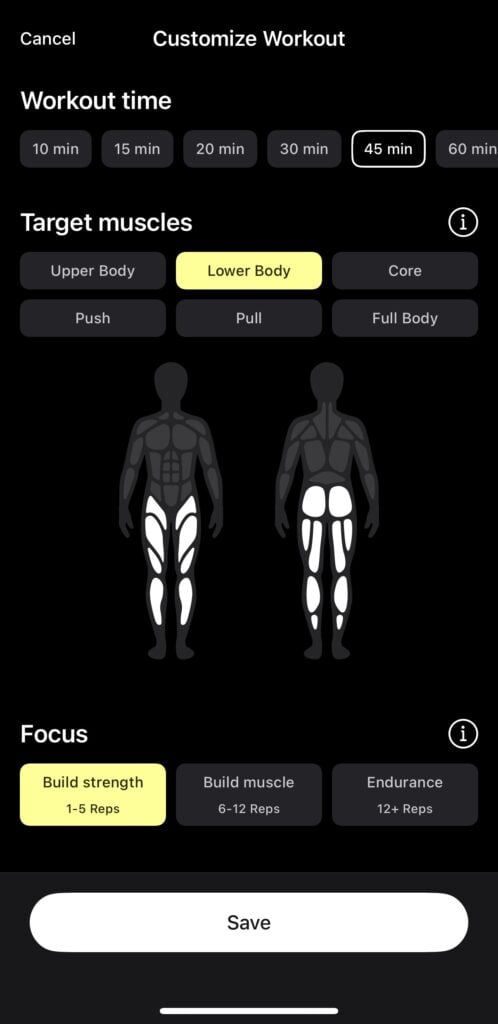 Customer workout generator tool in Peloton Strength+ app.
