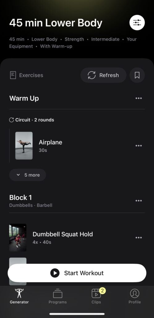 Reviewing a generated Peloton Strength+ workout.
