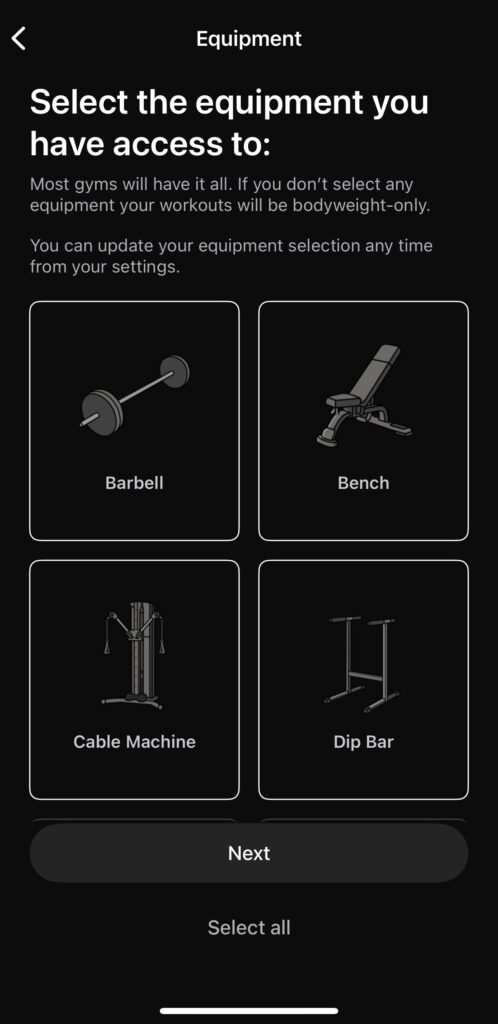 Setting what equipment you have in the Peloton Strength+ app.
