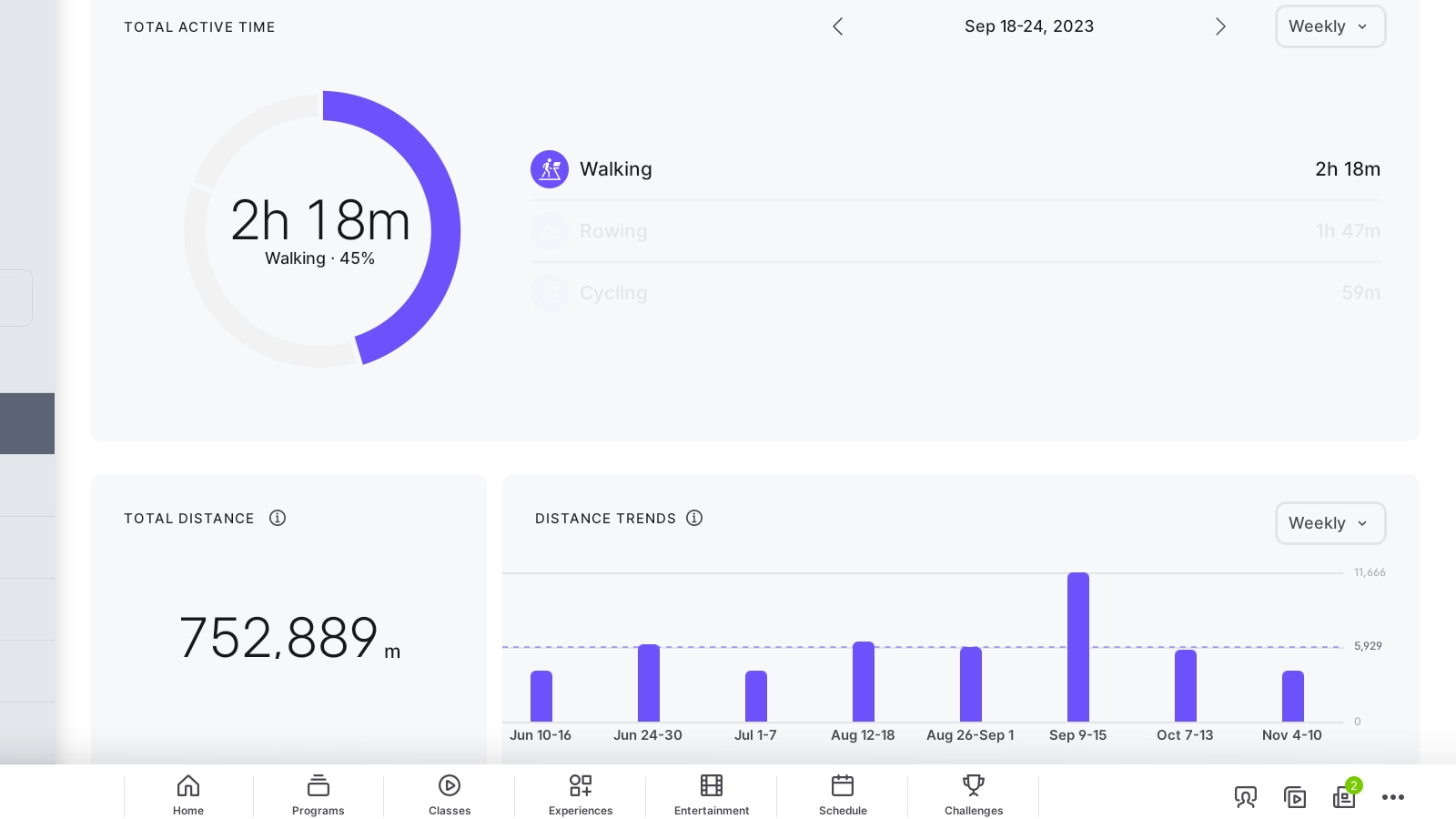 Total active time showing one particular modality in the "other" category for the year.