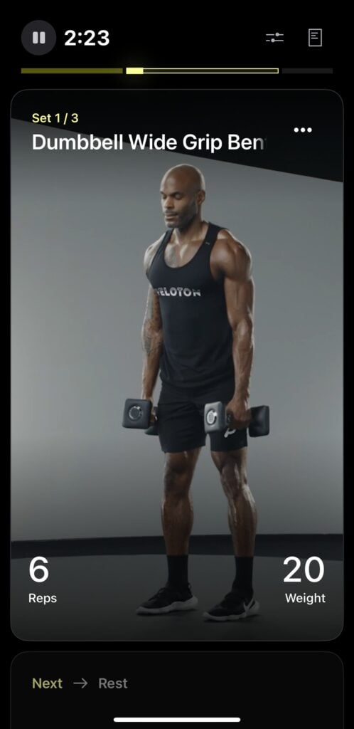 A workout in progress on Peloton Strength+ app.
