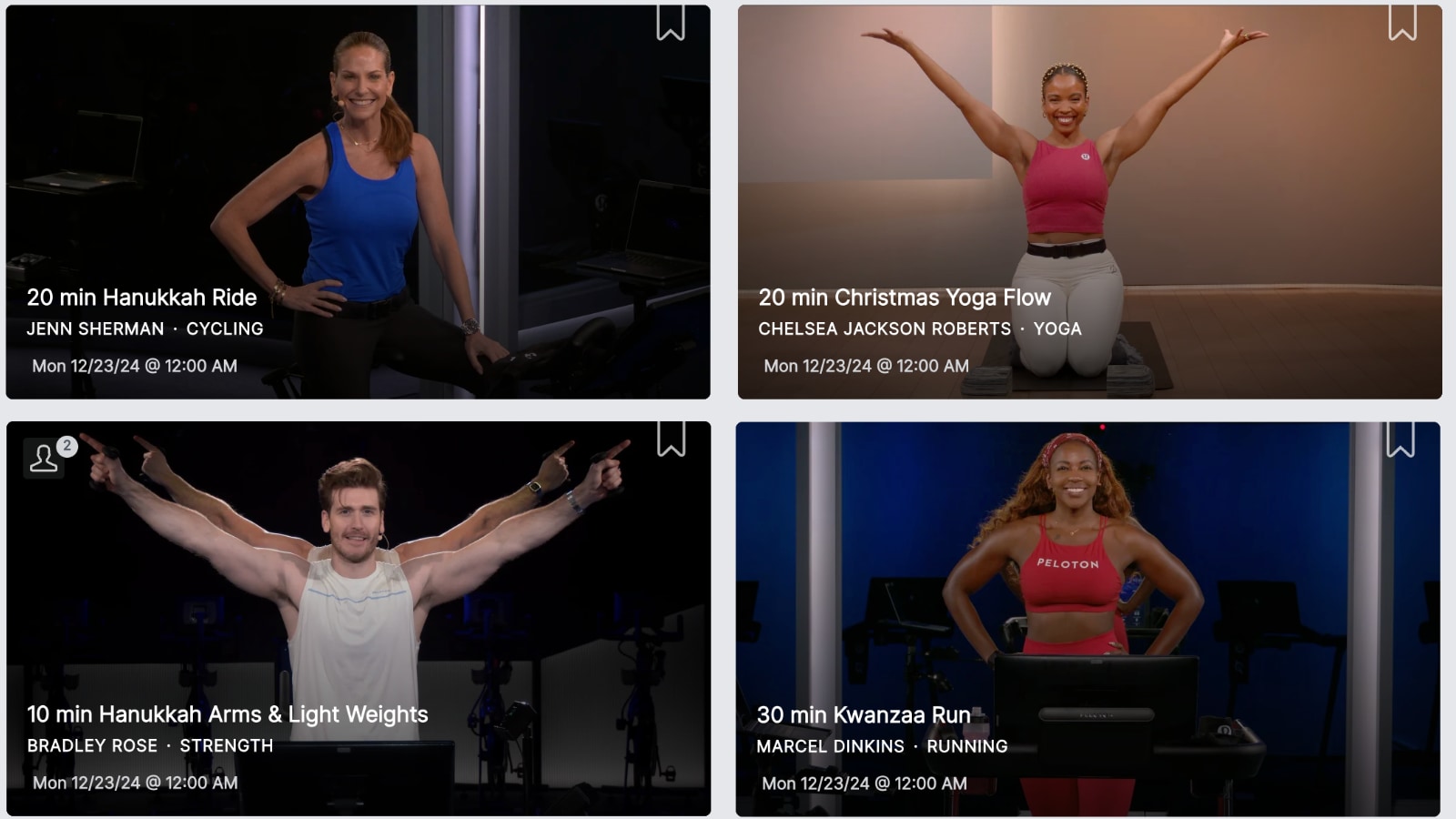 2024 Peloton Christmas classes, Peloton Hanukkah classes, and Peloton Kwanza classes.