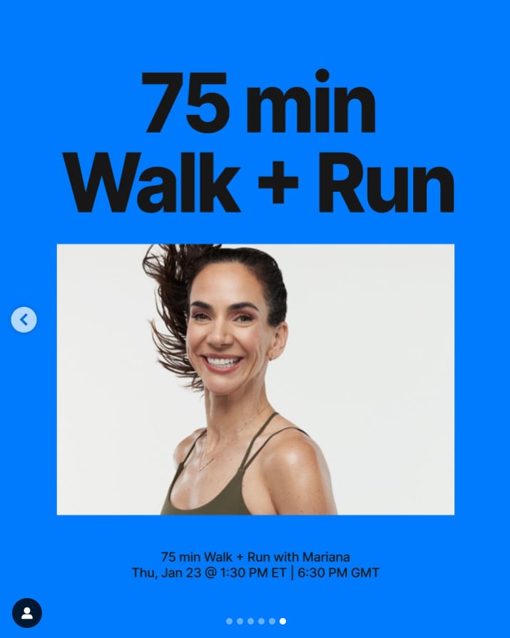 Mariana will teach a 75 minute Walk + Run live this week. Image credit Peloton social media.
