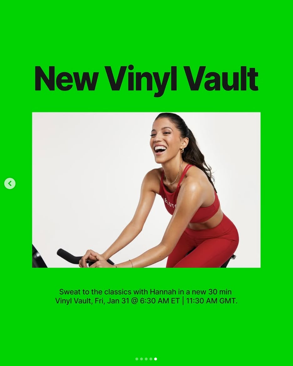 A live Vinyl Vault Ride with Hannah Corbin is this week. Image credit Peloton social media.