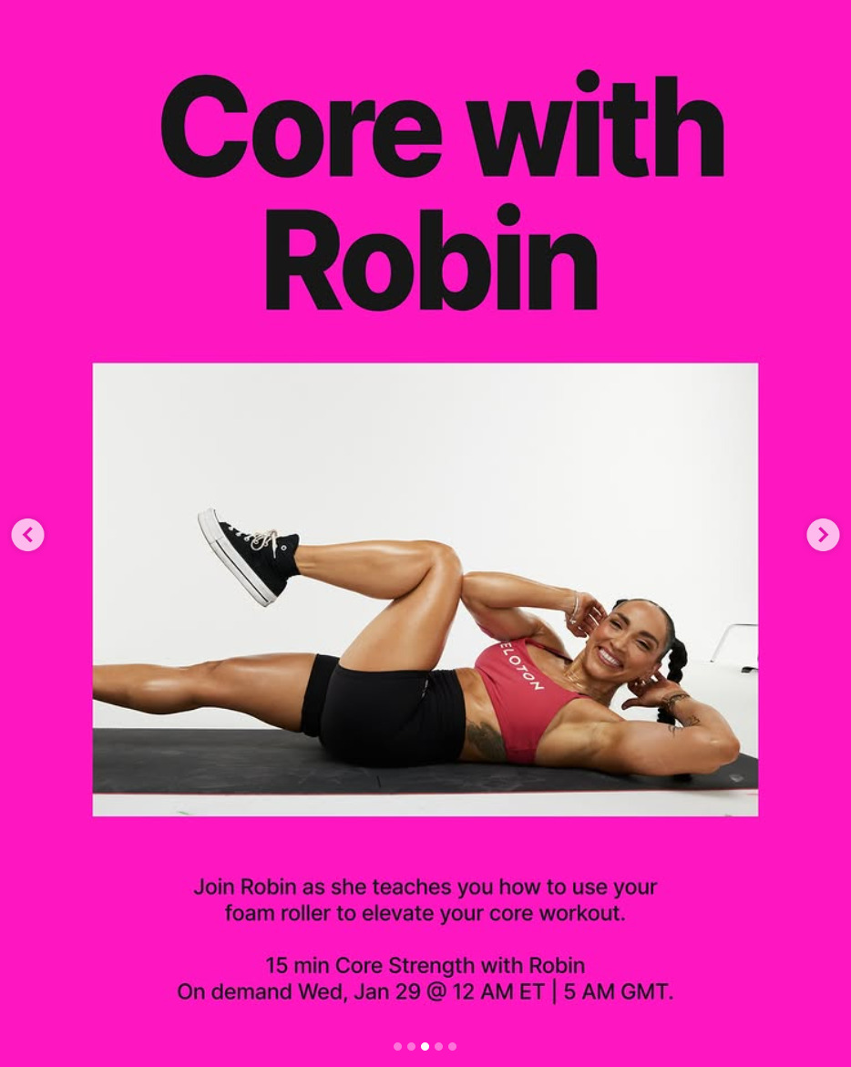 Core with Robin using a foam roller will drop this week. Image credit Peloton social media.