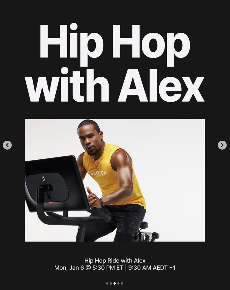 Alex Toussaint will teach a 30 minute Hip Hop Ride this week. Image credit Peloton social media.