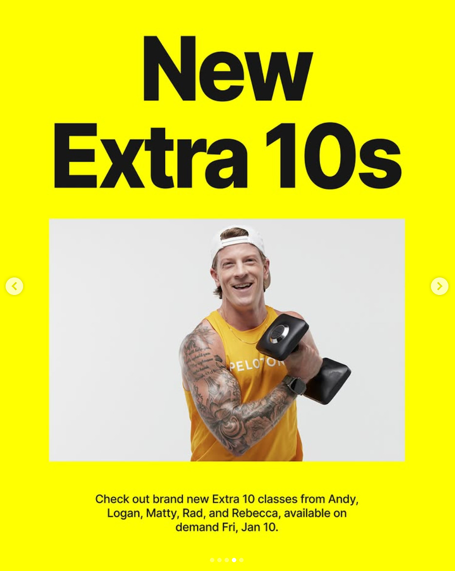 Five instructors will have new Extra 10 classes available on demand this week. Image credit Peloton social media.