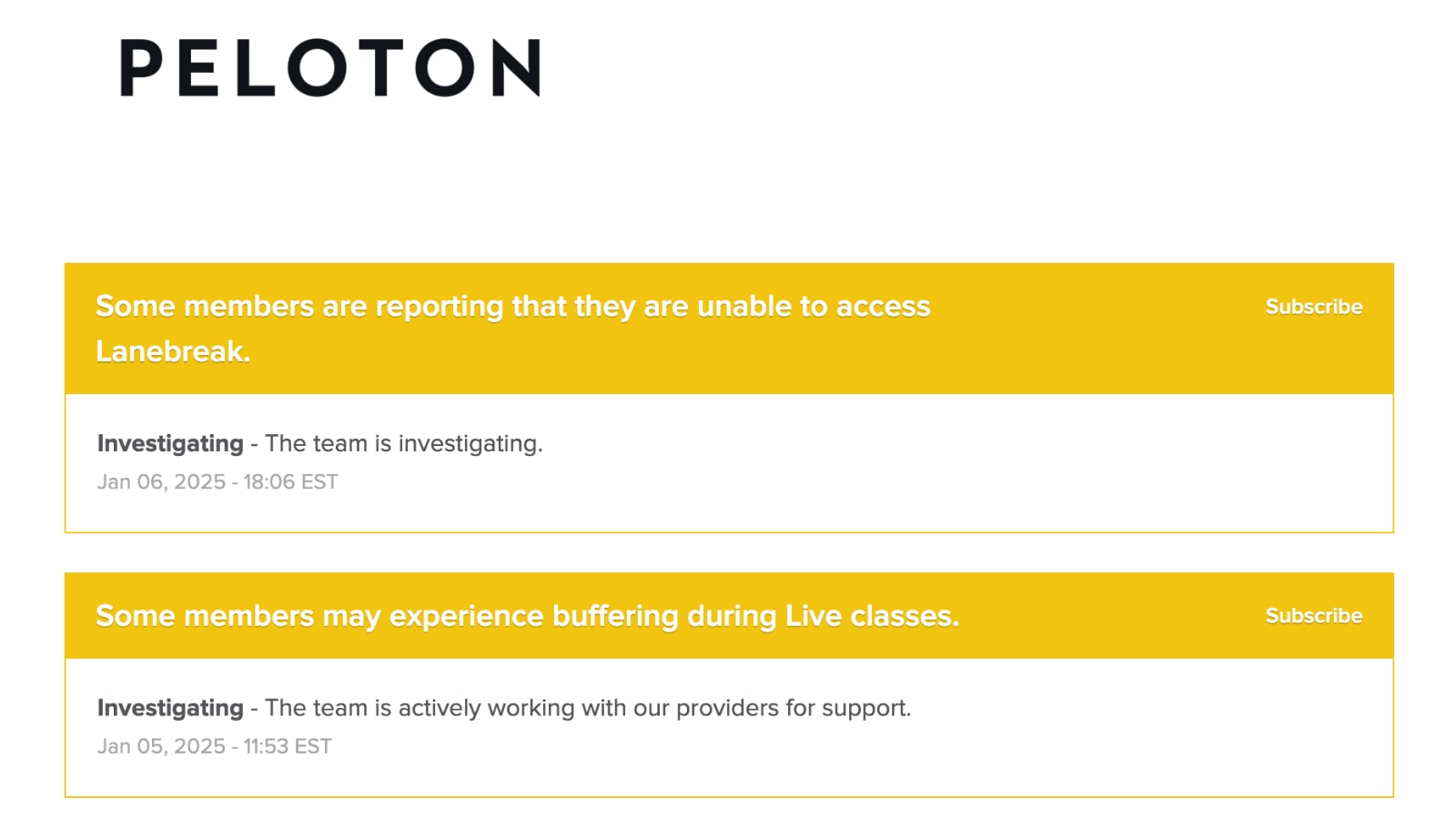 Multiple Peloton bugs in January 2025.