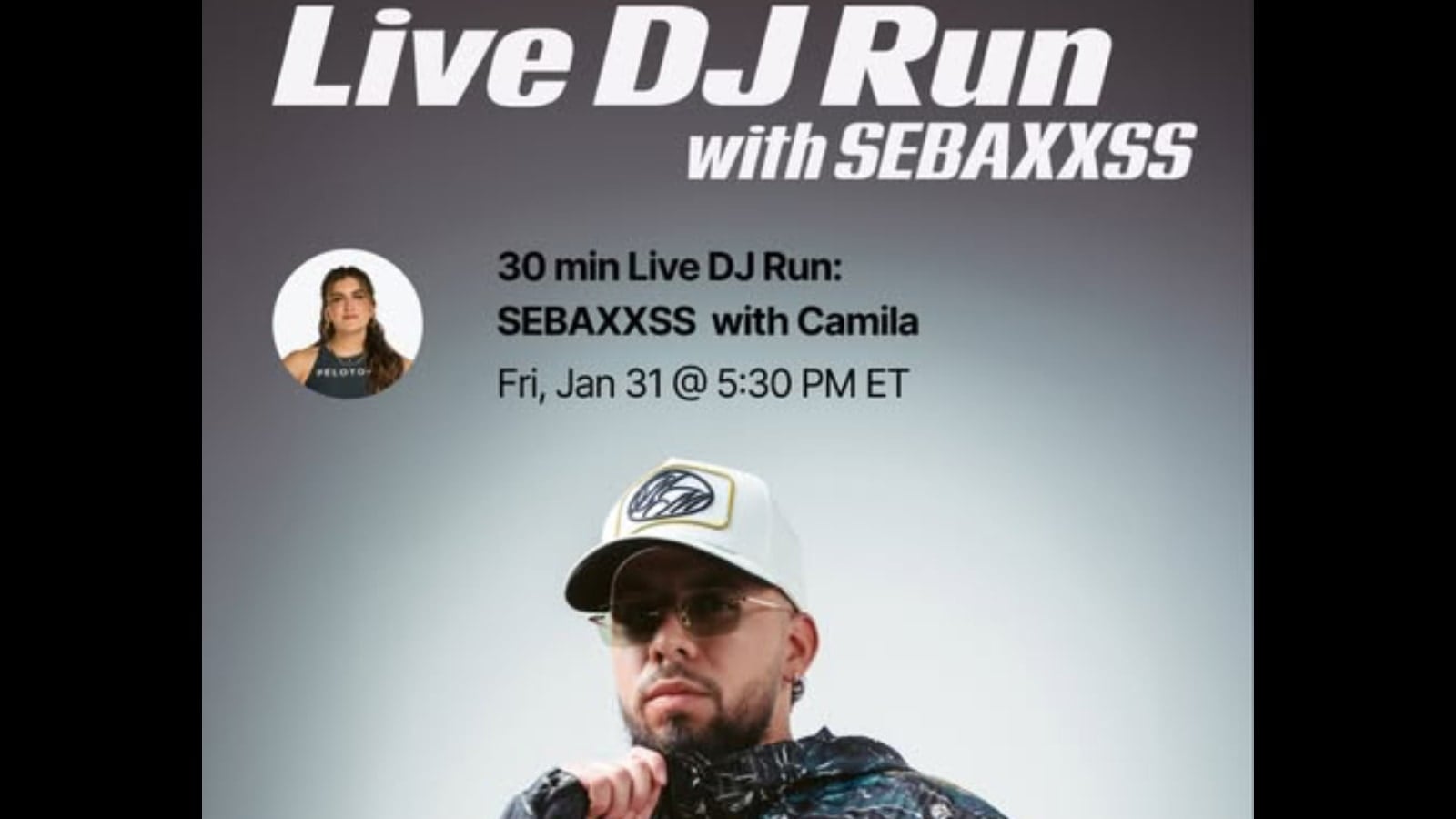 Peloton's upcoming Camila Ramon Live DJ Run with SEBAXXSS. Image credit Peloton.