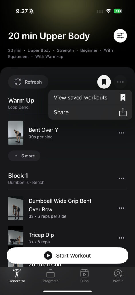 Button showing option to share workout in Peloton Strength+ app.