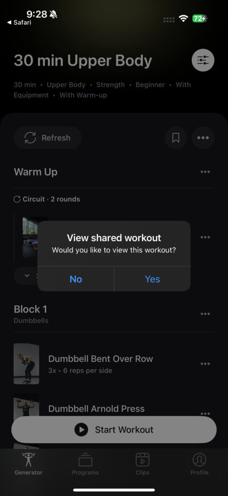 Pop-up asking if you'd like to view shared workout when sent a direct link.