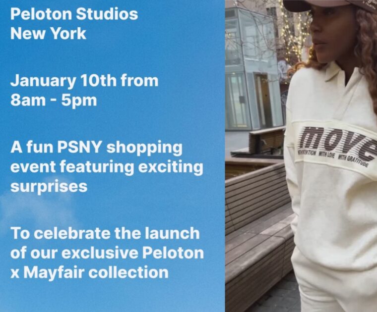 Instructor Marcel Dinkins modeling new Peloton x Mayfair apparel & event information.