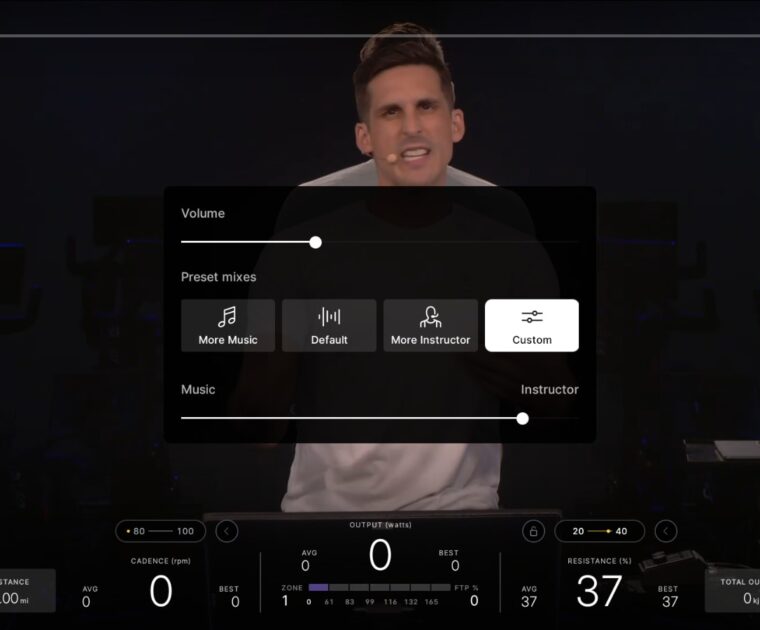 Peloton's Custom Audio Slider feature set to More Instructor.