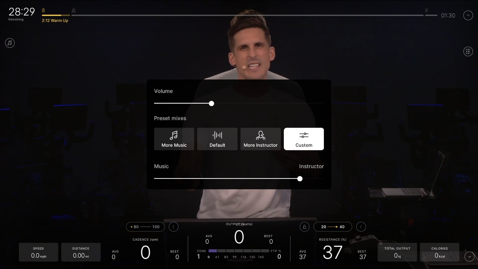 Peloton's Custom Audio Slider feature set to More Instructor.