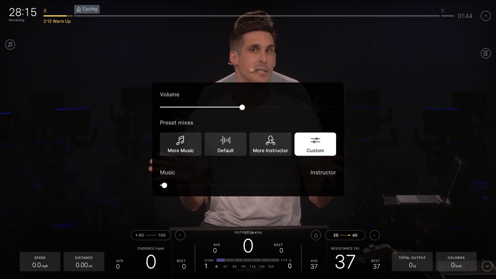 Peloton's Custom Audio Slider feature set to More Music.
