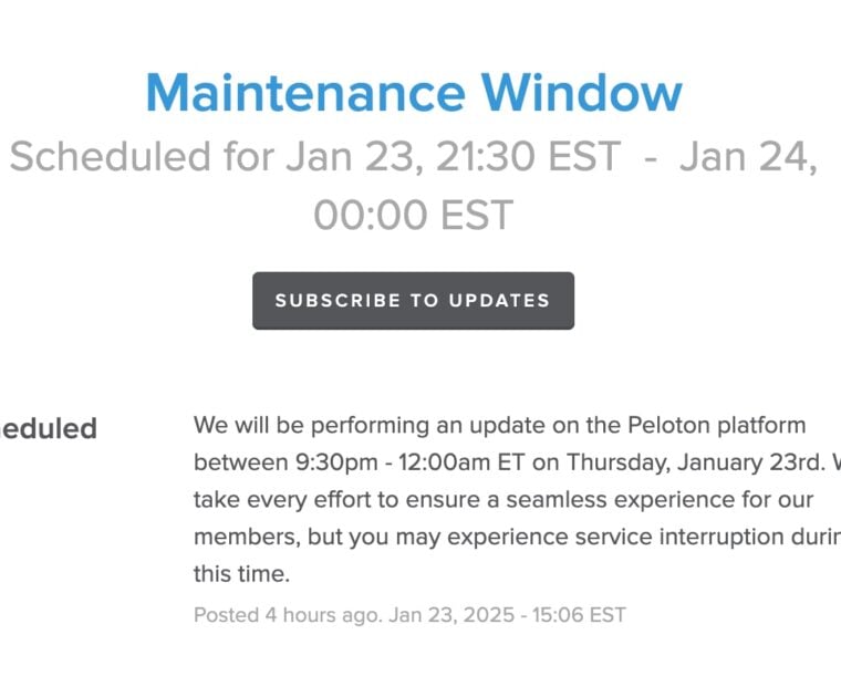 Peloton maintenance taking place on January 23, 2025.