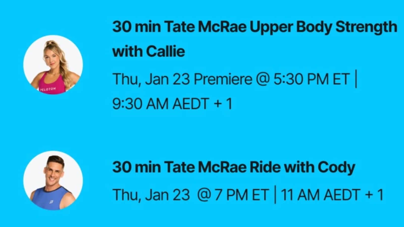 Peloton's Tate McRae class list. Image credit Peloton social media.