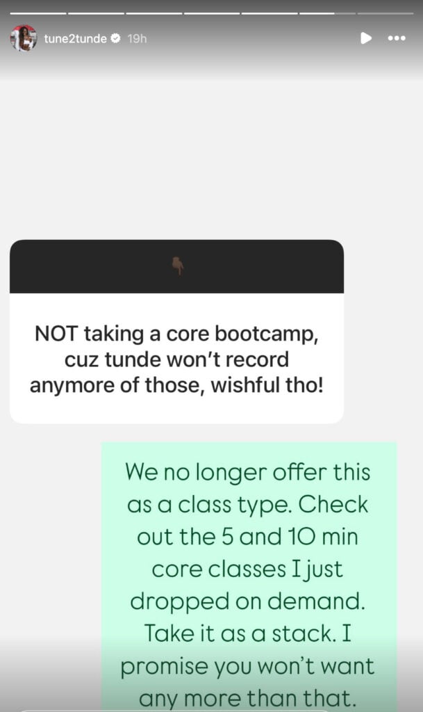 Tunde Oyeneyin's Instagram Story regarding core-focused Bike Bootcamp.