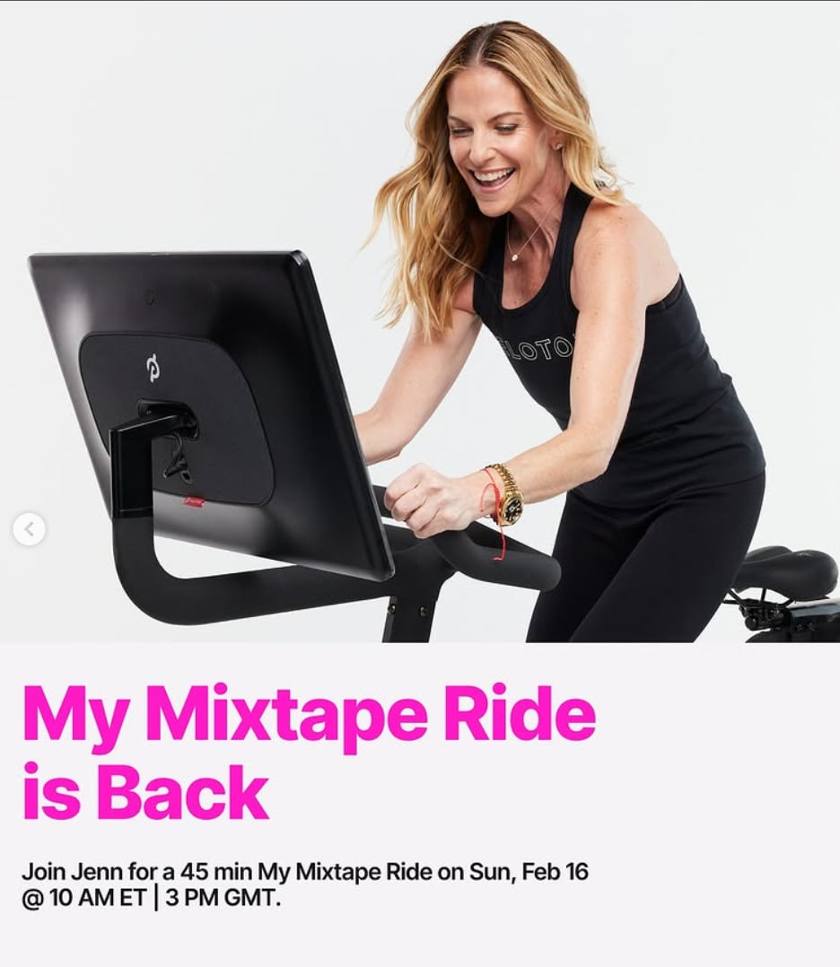 Jenn Sherman will teach a live 45 minute My Mixtape Ride this week. Image credit Peloton social media.